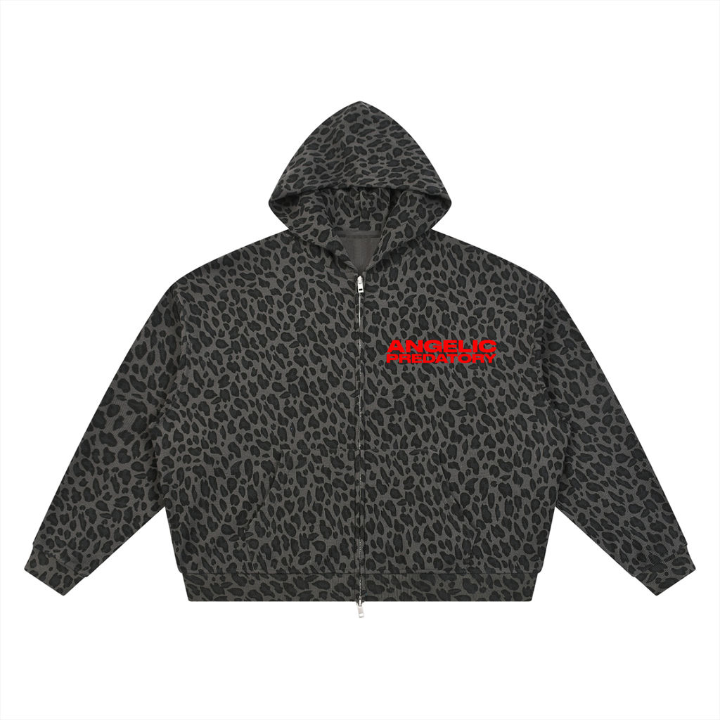 Unisex Leopard Print Waffle Full Zip Hoodie