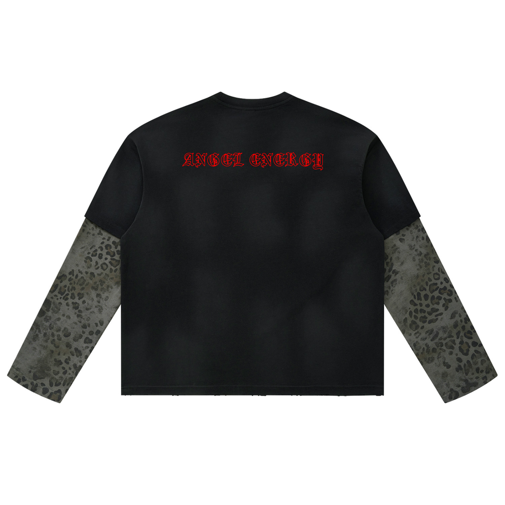 Unisex Vintage Wash Leopard Paneled Layer T-Shirt