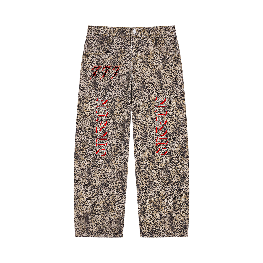 Unisex Vintage Wash Leopard Wide Leg Jeans