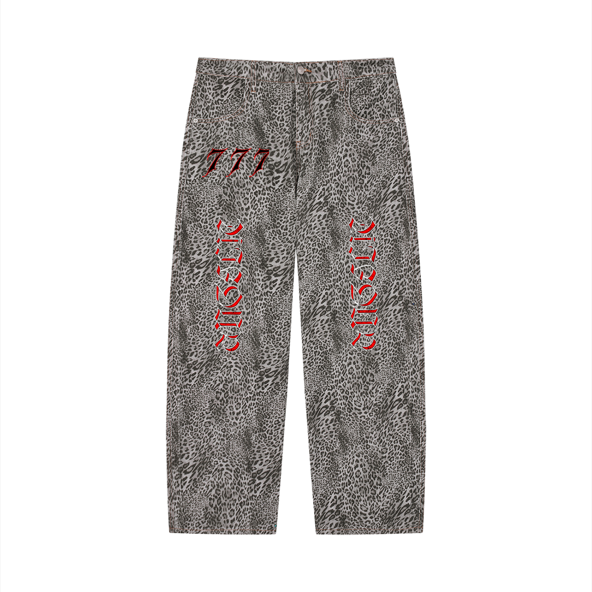 Unisex Vintage Wash Leopard Wide Leg Jeans